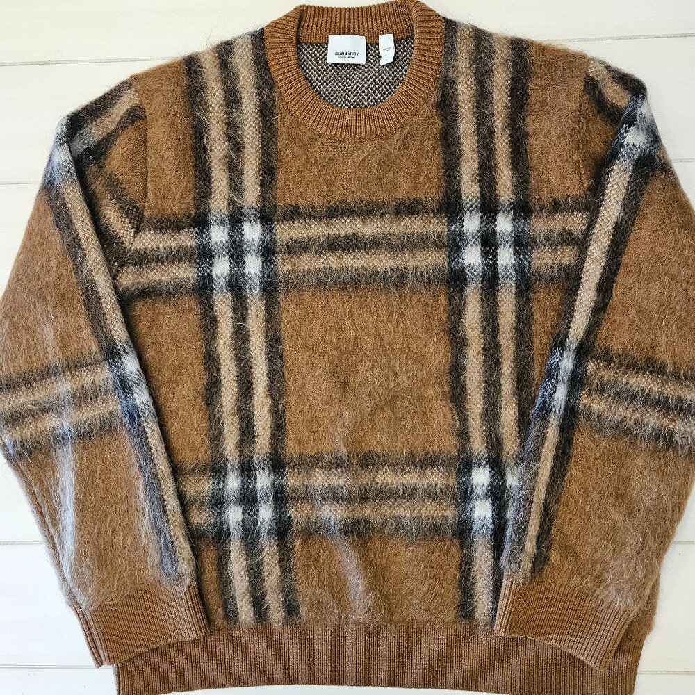 Burberry Mohair Cashmere Wool Blend Brown Checked Sweater - Size M